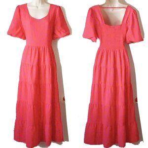 NWT Fashion Smocked-Back Puff-Sleeve Maxi Dress L Pink Purple Spots